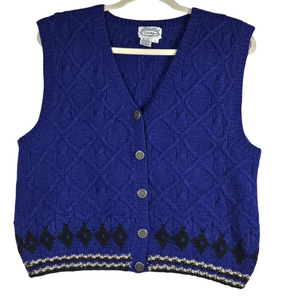 The Villager Sweater Vest Womens Large Blue Wool Hand Knit Vintage Grandma Layer